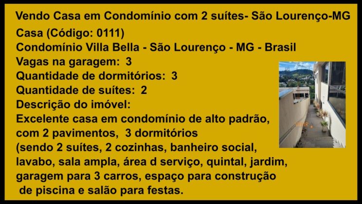 Vendo Casa Condomínio Vila Bela, 2 suites- São Lourenço-MG (11)